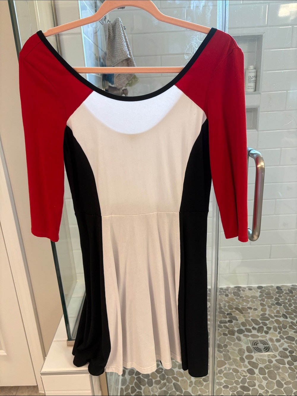 Express Colorblock Long Sleeve Fit-&-Flare Dress in Red, Black & White